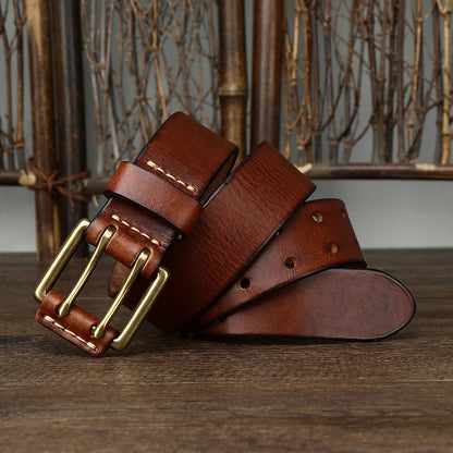 Vintage Leather Belt – Handmade Cowhide Brass Buckle Classic Men's Accessory