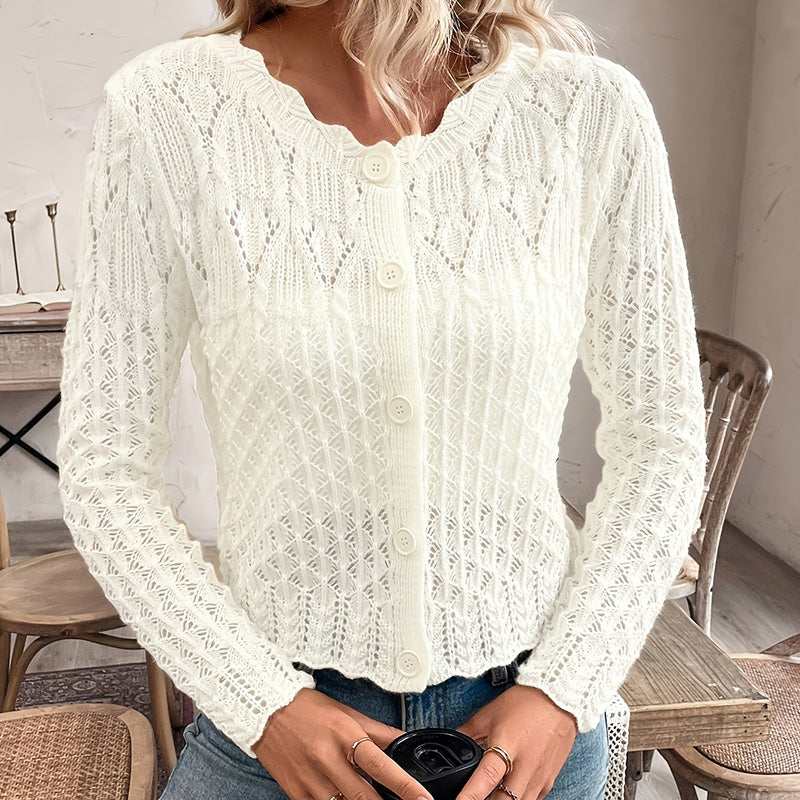 Elegant Round Neck Cardigan - Button Front Openwork Knit Top For Spring Summer