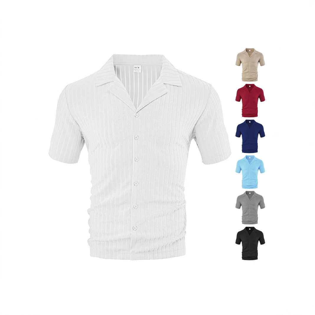 Ribbed short-sleeve button-up shirt with collar in white and six color variations