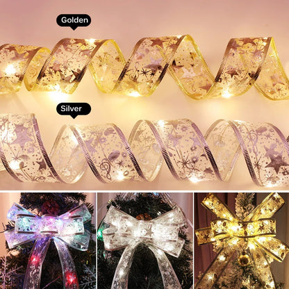 Golden and silver star-patterned decorative ribbons with LED lights, shown plain and tied as Christmas tree bows