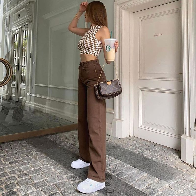 Brown Jeans | Retro Denim Pants | High Waist Straight Leg Trousers