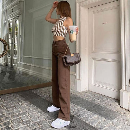 Brown Jeans | Retro Denim Pants | High Waist Straight Leg Trousers