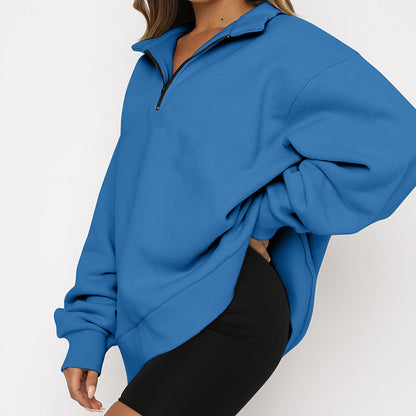 Women Zip Sweatshirt - Loose Pullover With Turndown Collar | Casual Tops