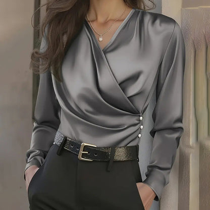 Women's Elegant Cross V-Neck Blouse, Ruffle Detail Button Accent Office Shirt For Casual Wear
