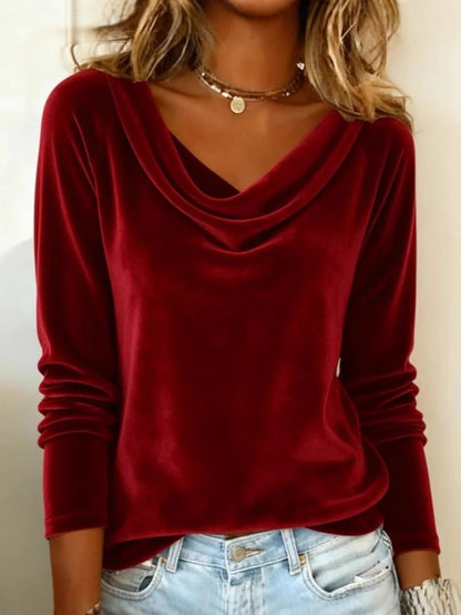 Fashion Women's Solid Color Draped Neck Long Sleeve Velvet T-shirt