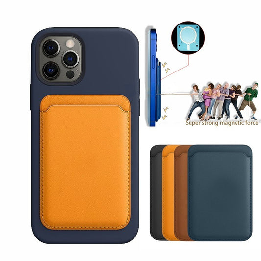 Magnetic leather wallet attached to a blue iPhone case showcasing super strong magnetic force with four wallet color options