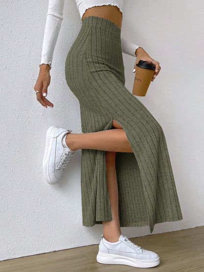 Spring Long Skirt | High Waist Side Slit | Slim Fit Knitted Women's Dress