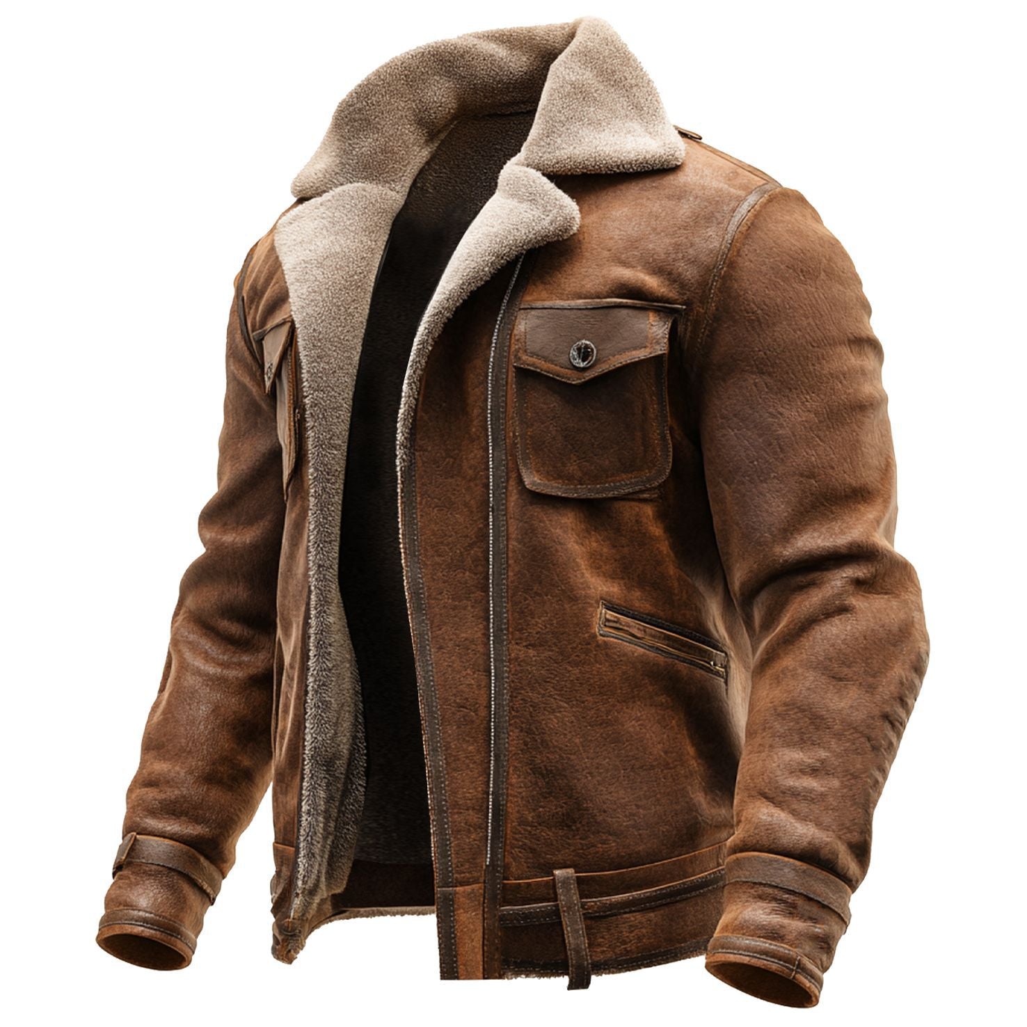 Brown leather aviator jacket with shearling lining and front pockets on white background