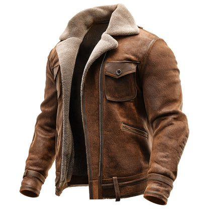 Brown leather aviator jacket with shearling lining and front pockets on white background