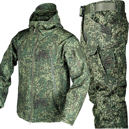 Green digital camo tactical jacket and cargo pants with multiple zippered pockets and adjustable waist