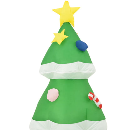 Inflatable green Christmas tree with yellow star topper, white garland, candy cane, and colorful ornaments