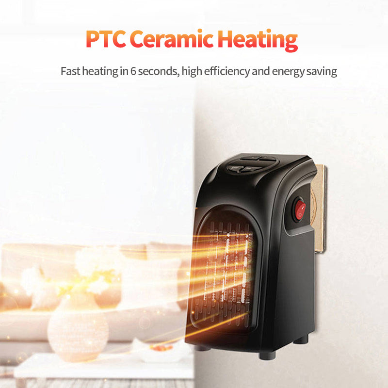 Black PTC ceramic heater plugged into wall outlet emitting warm air in modern living room