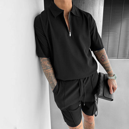 Mens Casual Suit Set | Summer Mens Clothing | Zipper Polo & Drawstring Shorts