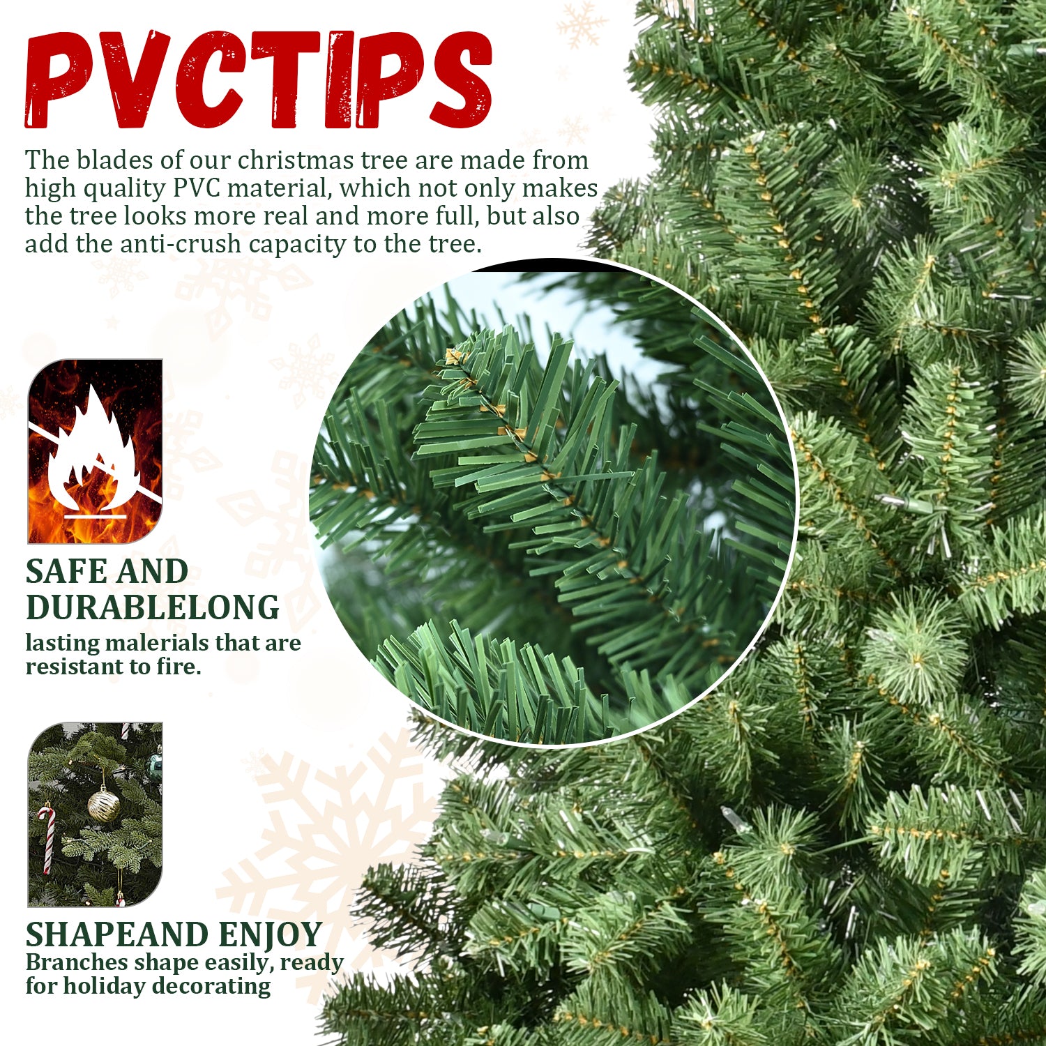 Close-up of artificial Christmas tree branch with green PVC tips, fire-resistant and easy to shape