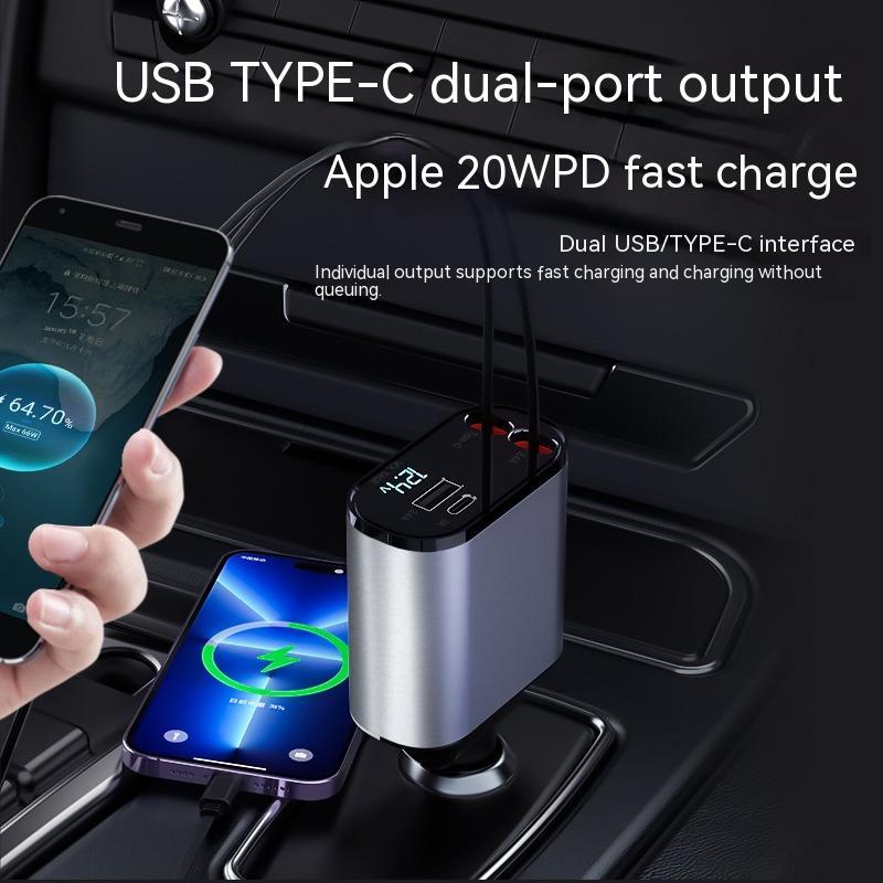 USB Type-C dual-port car charger with digital display charging two smartphones simultaneously