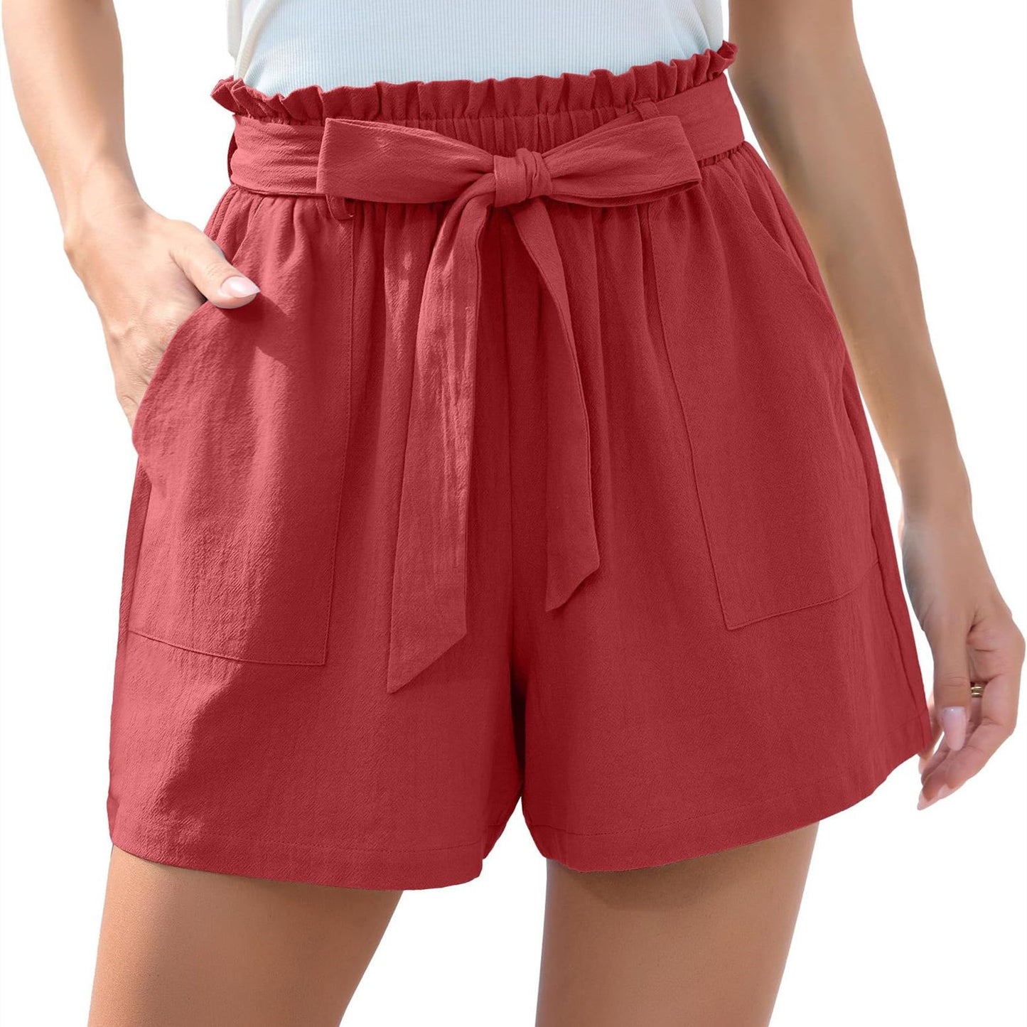 Ruffle Waist Tie Shorts - High Waist Summer Beach Pants With Pockets