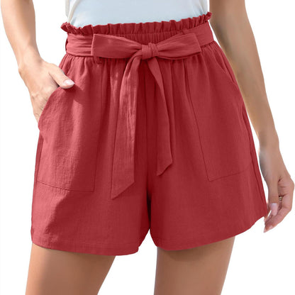 Ruffle Waist Tie Shorts - High Waist Summer Beach Pants With Pockets