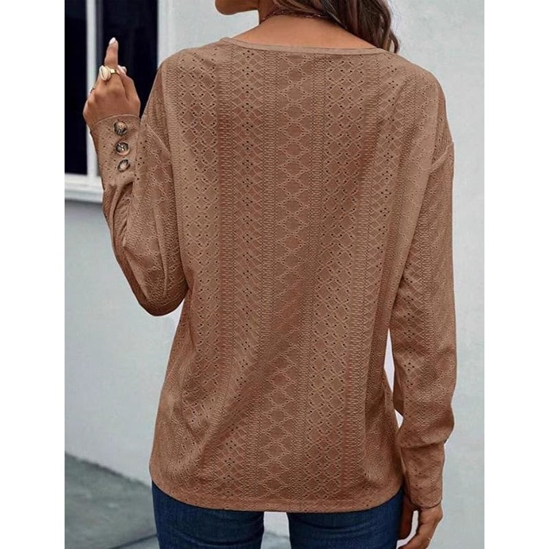 Women Eyelet Blouse - Long Sleeve V Neck Top | Casual Loose Fall Shirt