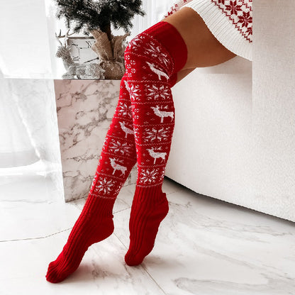 Christmas Thigh High Socks - Warm Knitted Winter Knee Socks With Snowflake Elk Pattern