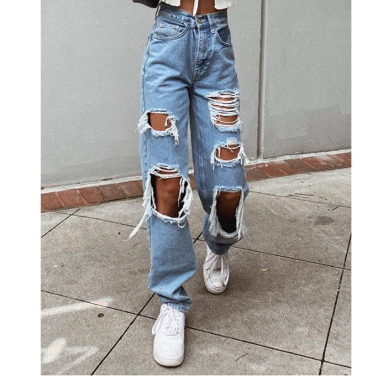 Retro Hole-Punched Jeans | High Waist Wide Leg Pants | Comfortable Casual Denim