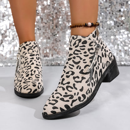 Chunky Heel Ankle Boots – Ladies Pointed Toe Low Cut Booties With Leopard Print