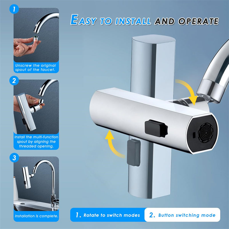 Chrome multi-function faucet spout installation steps with rotating and button modes on a kitchen sink
