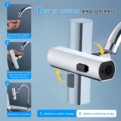Chrome multi-function faucet spout installation steps with rotating and button modes on a kitchen sink