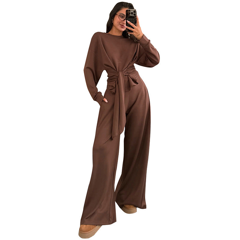 Waist-Tied Ribbon Pants Casual Suit - Comfortable Polyester Lounge Wear