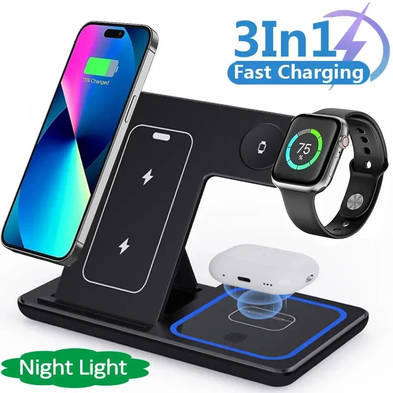 3-in-1 fast charging station with night light, charging smartphone, smartwatch, and wireless earbuds