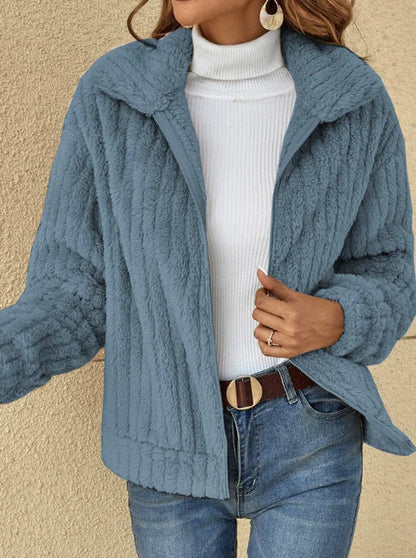 Fleece Cropped Jacket – Women's Warm Winter Coat With Lapel Collar