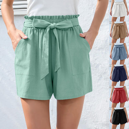 Ruffle Waist Tie Shorts - High Waist Summer Beach Pants With Pockets