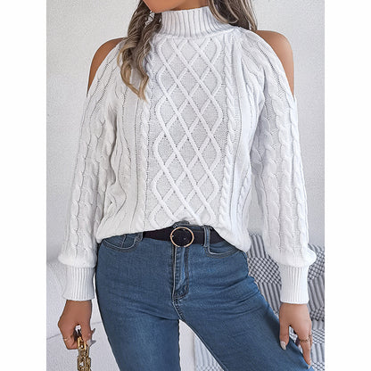Women's Cold Shoulder Pullover - High Neck Long Sleeve Lightweight Sweater Top