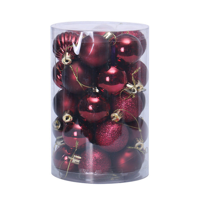 Clear plastic container filled with shiny and glittery red Christmas ornament balls