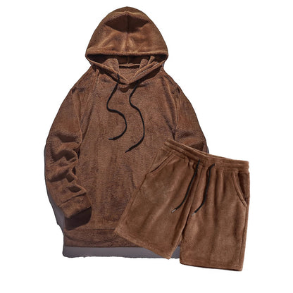 Brown fleece hoodie and matching shorts with black drawstrings on white background