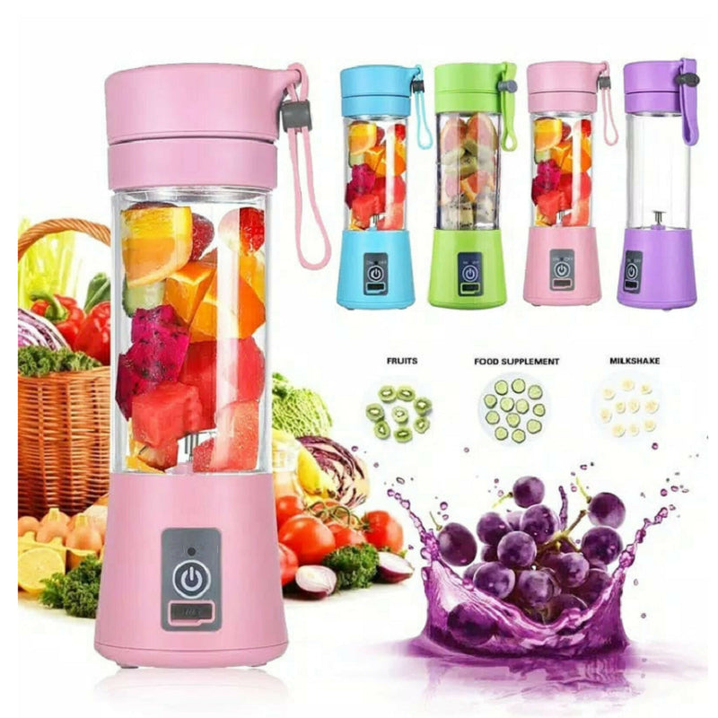 Portable colorful blender bottles with fruits inside and fresh vegetables in the background