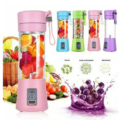 Portable colorful blender bottles with fruits inside and fresh vegetables in the background