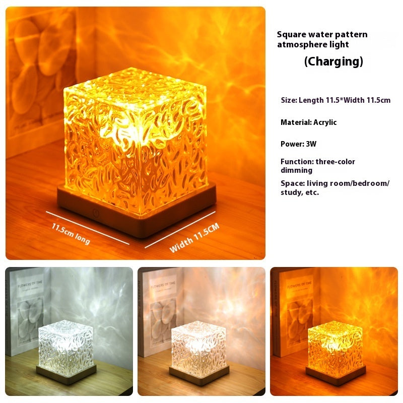 Square acrylic water pattern atmosphere light emitting warm yellow glow on wooden surface