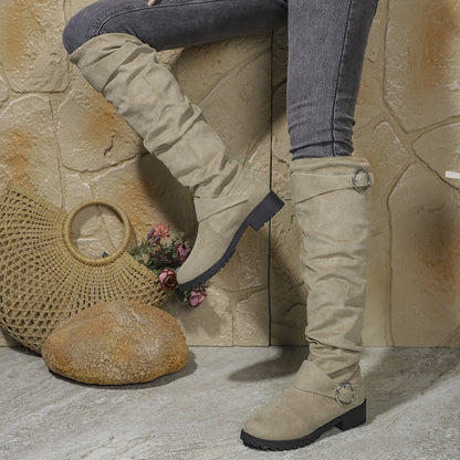 High Top Riding Boots – Warm Suede Winter Pleated Buckle Footwear