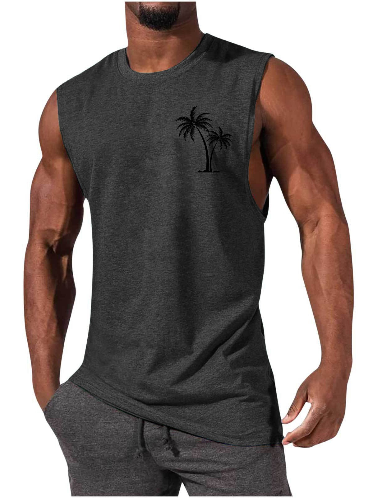 Men's Workout Tank Top - Summer Fitness Vest With Coconut Tree Embroidery