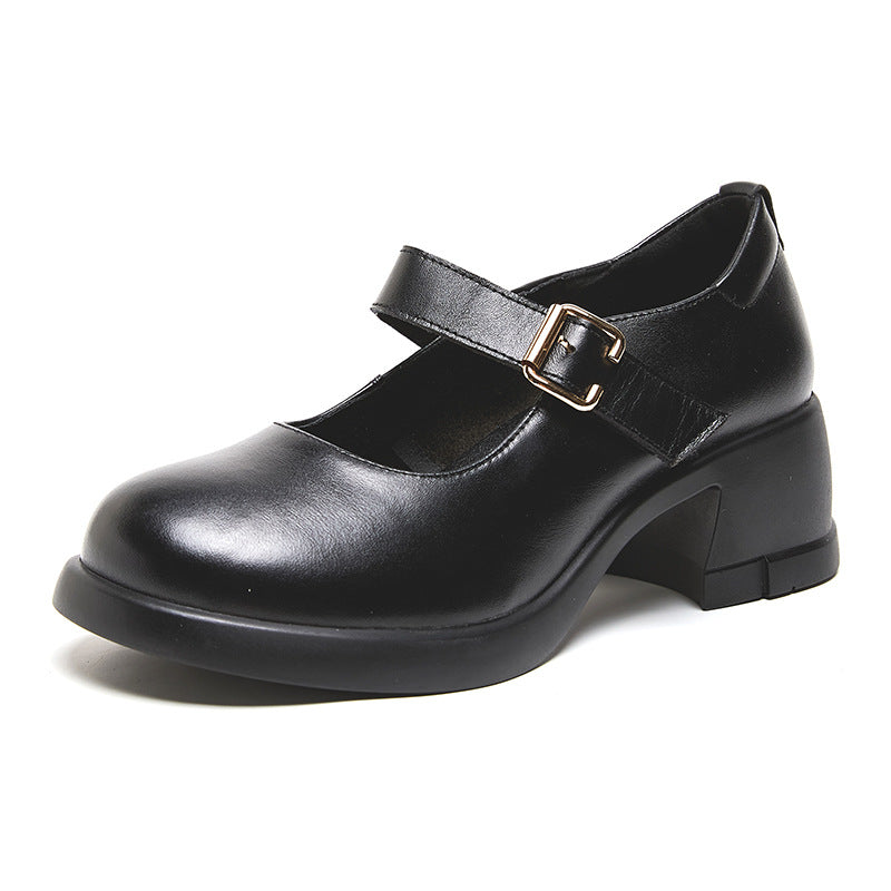 Black leather Mary Jane shoe with block heel and gold buckle strap on white background