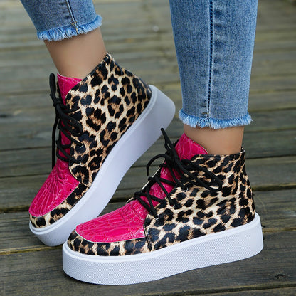 Leopard Print Women's Shoes | High-Top Casual Shoes With Flat Platform Sole