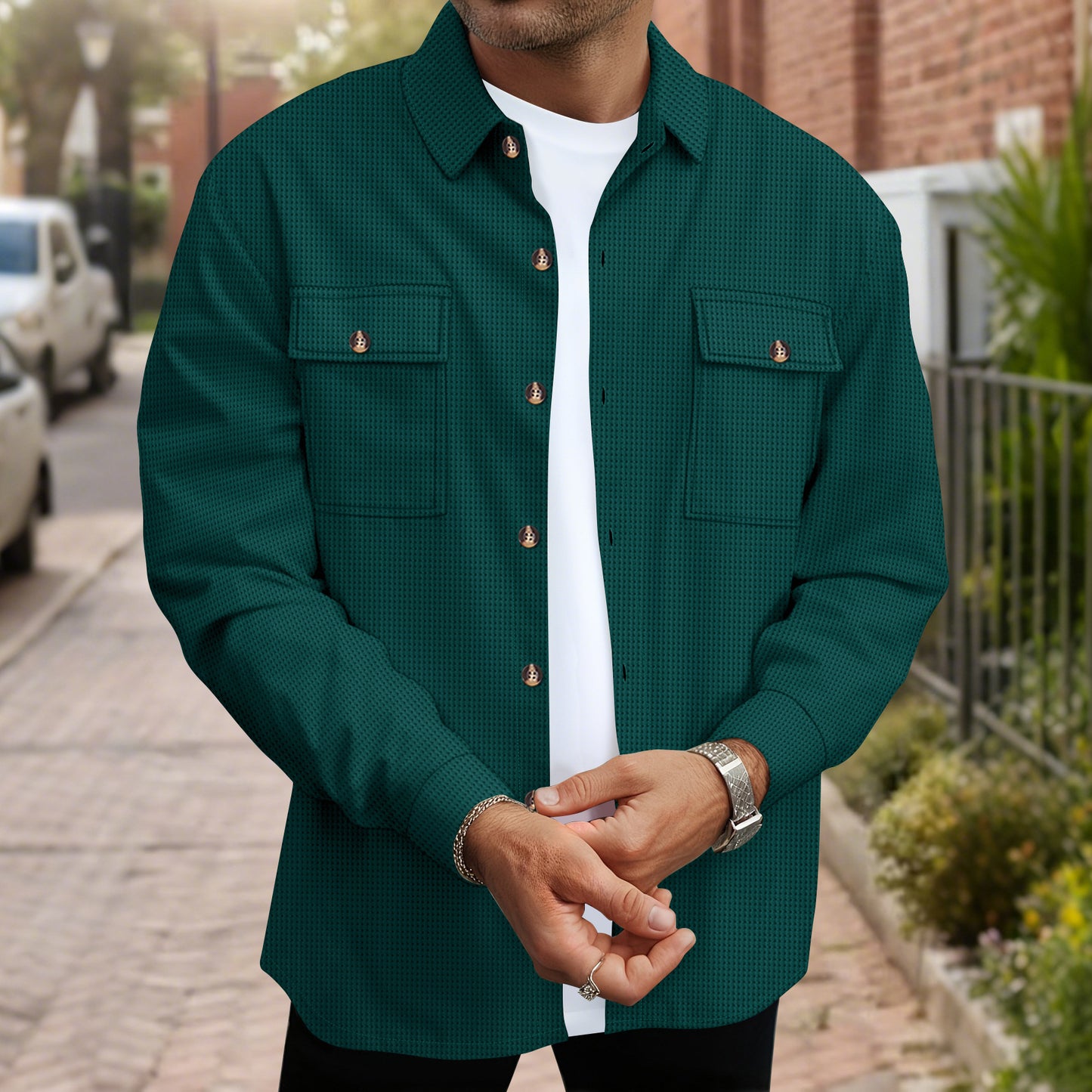 Man wearing dark green textured button-up shirt over white t-shirt on urban street background