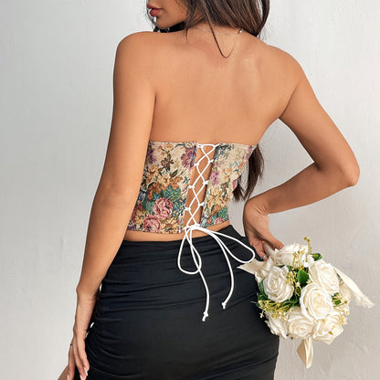 Floral Tube Vest | Y2K Fashion Crop Corset Tank With Back-Tied Design