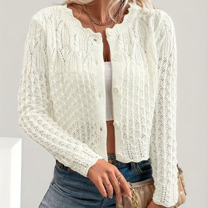 Elegant Round Neck Cardigan - Button Front Openwork Knit Top For Spring Summer