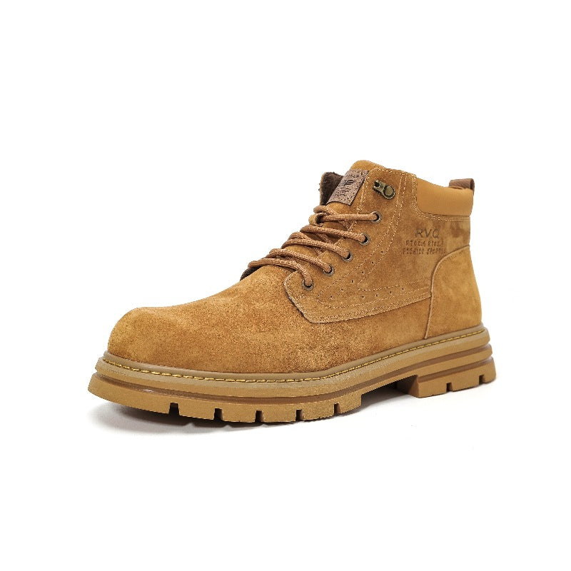 Men's tan suede lace-up ankle boots with durable rugged sole and padded collar