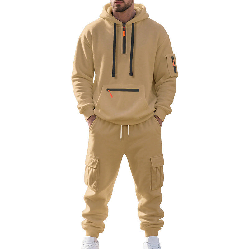 Men's Sports Hoodie Set - Polyester Fiber Two-Piece Tracksuit with Multi-Pocket Zipper Jacket