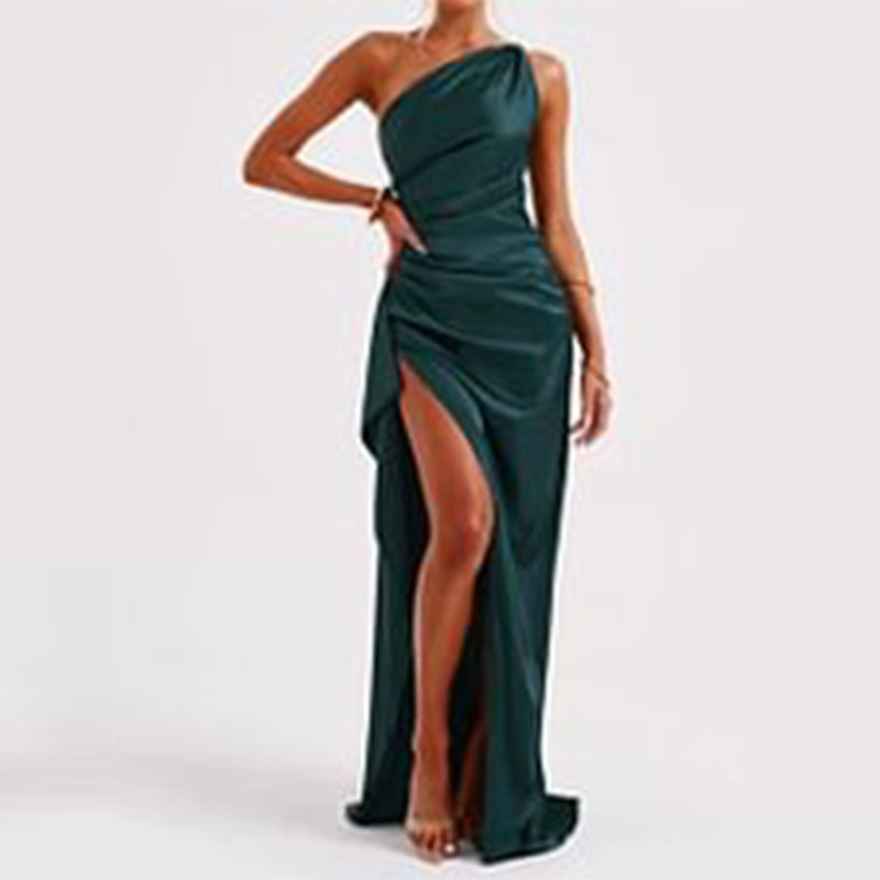 One Shoulder Dress - Sexy Satin Slim Fit Summer Party Dress With Slit