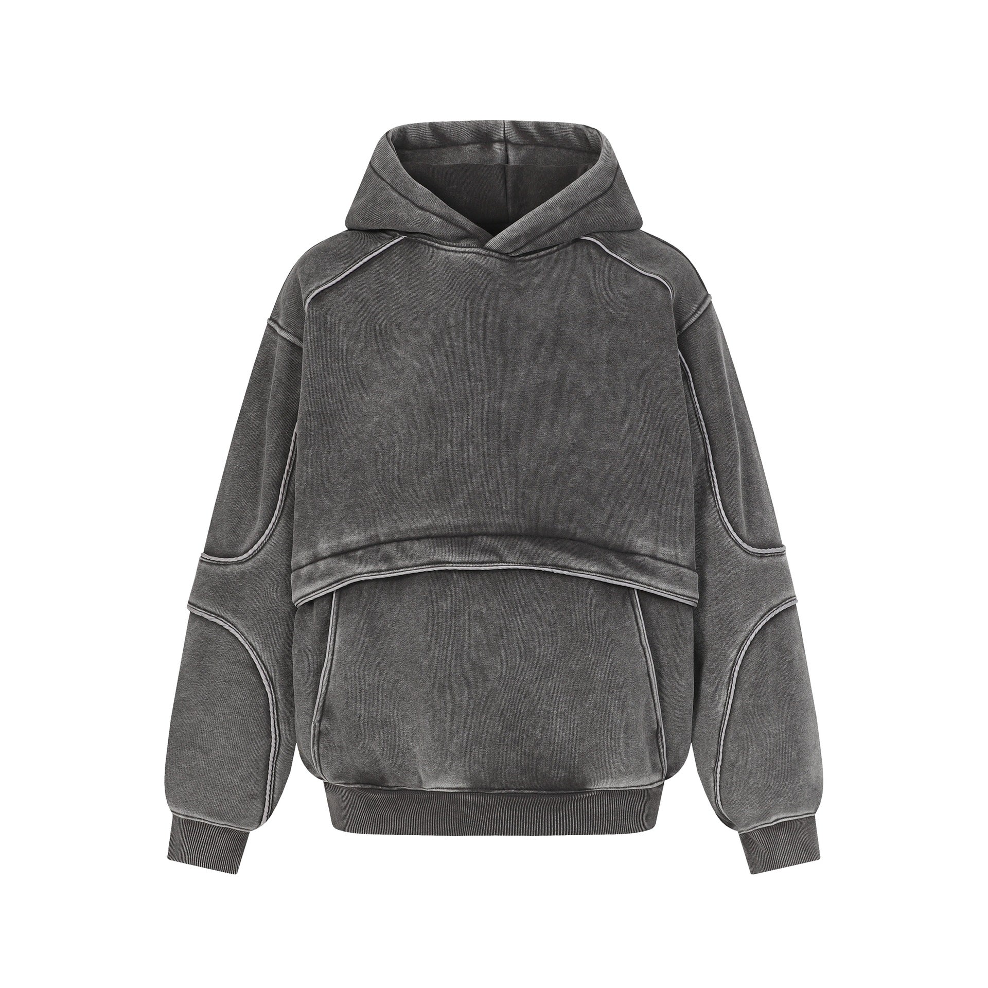 Gray washed hoodie with layered design, padded elbow details, and ribbed cuffs