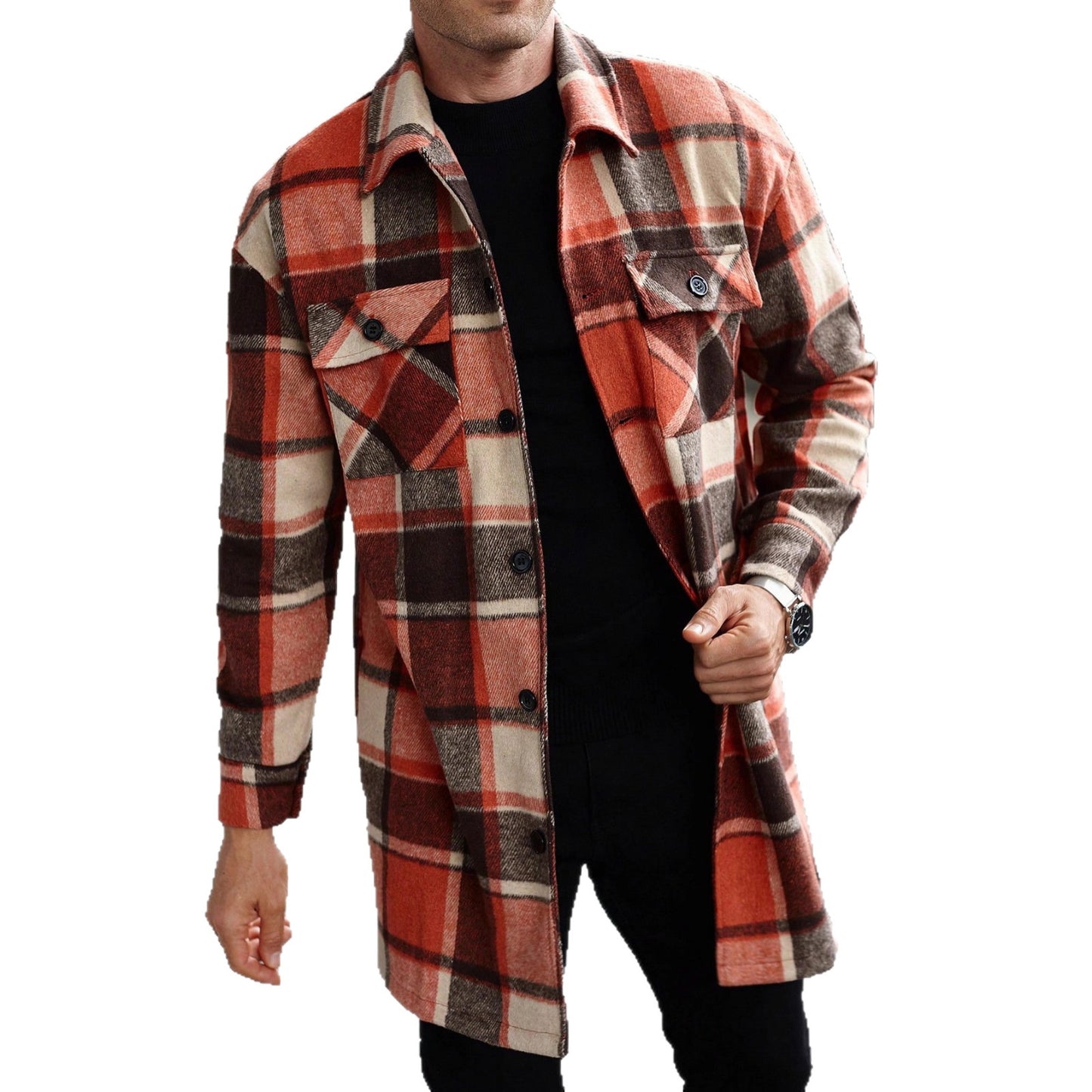 Man wearing long red and brown plaid flannel shirt jacket with black buttons and pockets