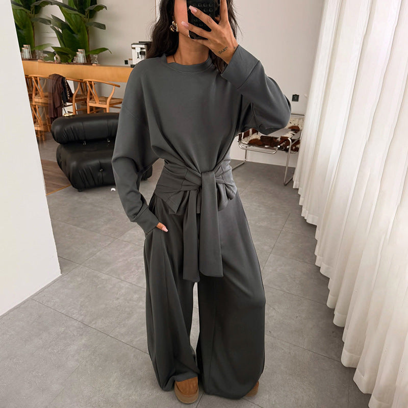 Waist-Tied Ribbon Pants Casual Suit - Comfortable Polyester Lounge Wear